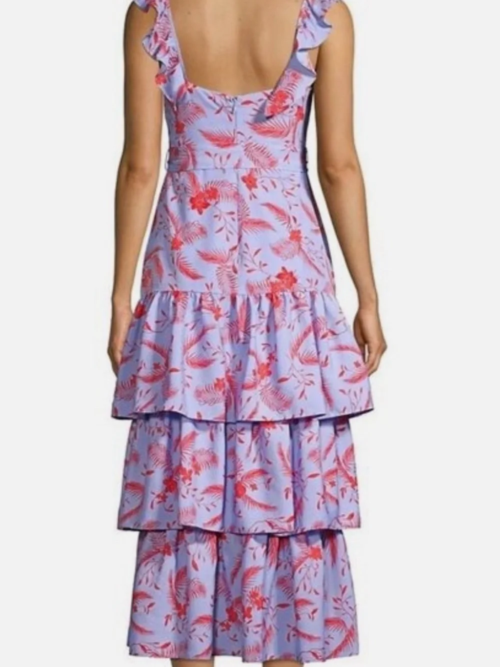 Likely Juno Lavender Tiered Ruffled Midi Dress w Bright Red Floral Design - Picture 10 of 10